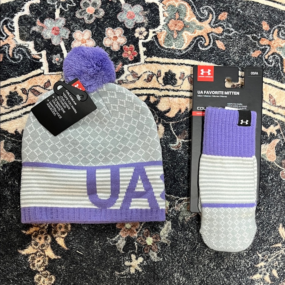 Under Armour Gray and Purple Knit Beanie and Mittens Set